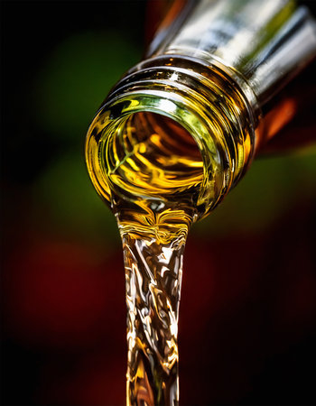 AI-generated close-up image showing a bottle as a clear drink is poured from itの素材