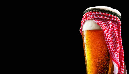 AI generated closeup image showing a glass of beer with Keffiyeh headdressの素材