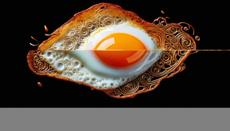 AI generated image showing a fried egg sunny side up with arty ornamented egg white isolated in black background seen from aboveの素材