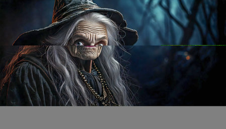 AI generated image showing the portrait of a scary old witch in spooky forest ambianceの素材