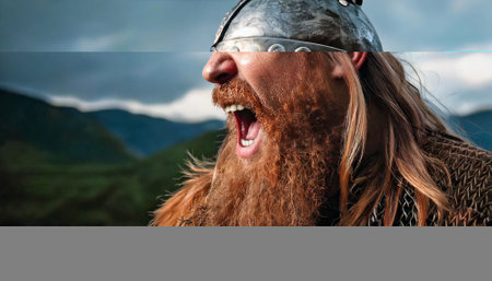 AI generated image showing the portrait of a shouting viking in hilly ambianceの素材