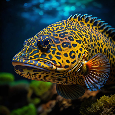 AI generated image showing a leopard patterned fish in underwater ambianceの素材