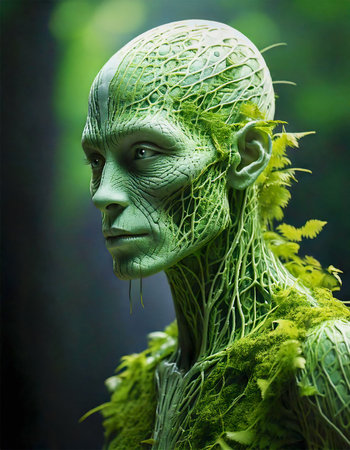AI generated image showing a composite being portrait of man and vegetation in blurry ambianceの素材