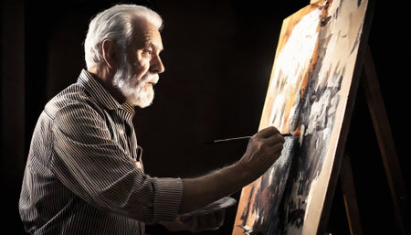 AI generated image showing an old artist while painting in dark ambianceの素材