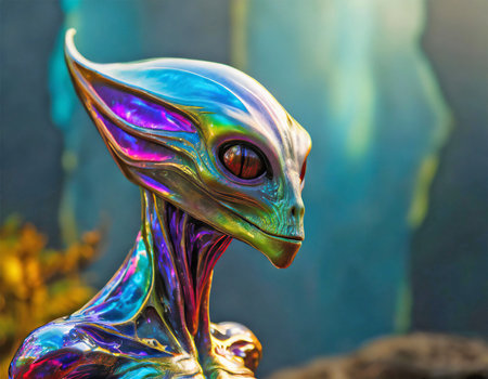 AI generated image showing the portrait of an iridescent alien creature in blurry backの素材