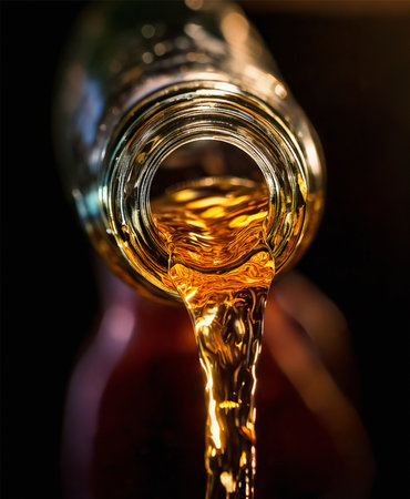 AI-generated close-up image showing a bottle as a clear drink is poured from itの素材
