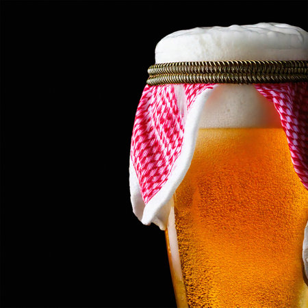AI generated closeup image showing a glass of beer with Keffiyeh headdressの素材