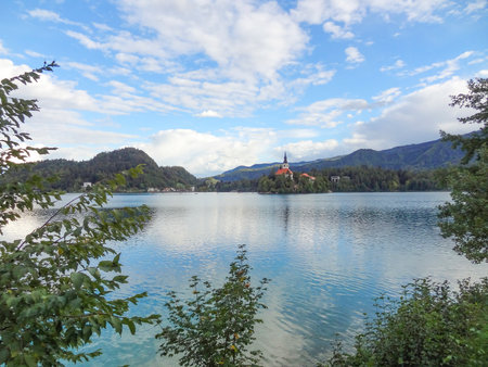 Pilgrimage church at Bled Island in Lake Bled, a lake in the Julian Alps of the Upper Carniolan region of northwestern Sloveniaの写真素材
