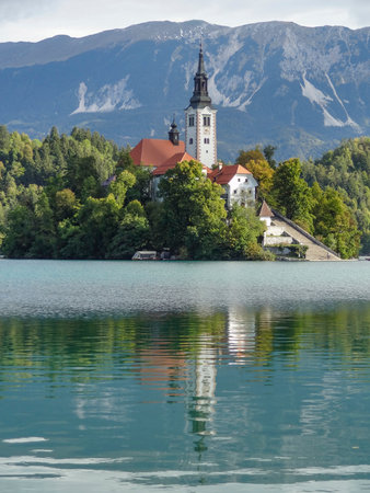 Pilgrimage church at Bled Island in Lake Bled, a lake in the Julian Alps of the Upper Carniolan region of northwestern Sloveniaの写真素材