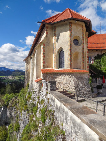 Impression of Bled Castle above Lake Bled in the Julian Alps of the Upper Carniolan region of northwestern Sloveniaの写真素材