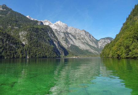 Scenery around a lake named Koenigssee located in the Berchtesgadener Land in Bavaria (Germany) at summer timeの写真素材