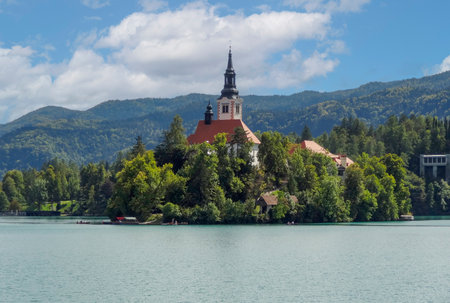 Pilgrimage church at Bled Island in Lake Bled, a lake in the Julian Alps of the Upper Carniolan region of northwestern Sloveniaの写真素材