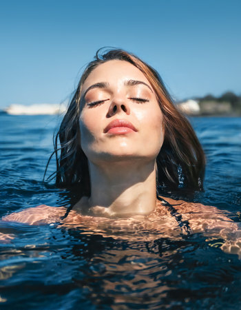 AI generated image showing the portrait of a sunny illuminated woman taking a bathの素材