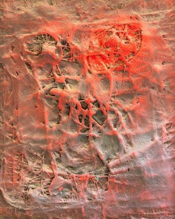 Full frame abstract partly red painted rough surface including strings and twinesの写真素材