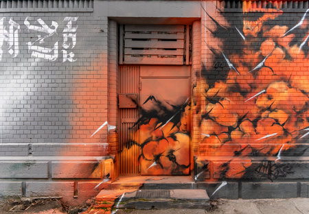 Colorful painted house entrance seen in Ulm, a city in a state named Baden-Wuerttemberg in southwestern Germanyの写真素材