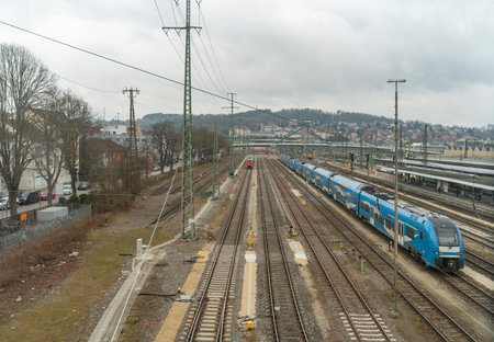 High angle railroad scenery seen in Ulm, a city in a state named Baden-Wuerttemberg in southwestern Germanyの写真素材
