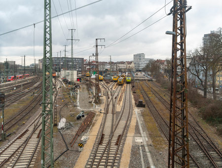 High angle railroad scenery seen in Ulm, a city in a state named Baden-Wuerttemberg in southwestern Germanyの写真素材