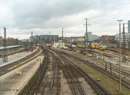 High angle railroad scenery seen in Ulm, a city in a state named Baden-Wuerttemberg in southwestern Germanyの写真素材