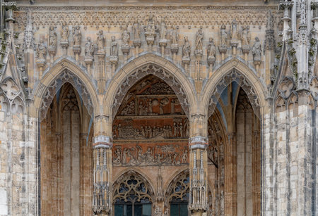 Entrance detail of the Minster in Ulm, a city in a state named Baden-Wuerttemberg in southwestern Germanyの写真素材