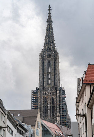 Spire of the Ulm Minster in Ulm, a city in a state named Baden-Wuerttemberg in southwestern Germanyの写真素材