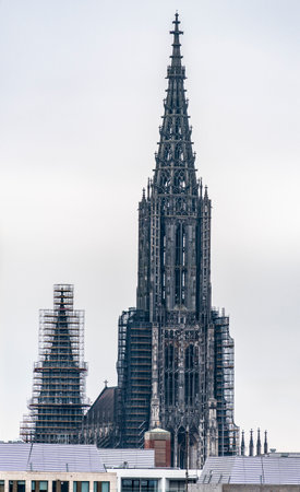 Spire of the minster in Ulm, a city in a state named Baden-Wuerttemberg in southwestern Germanyの写真素材