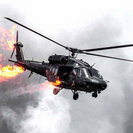 Ai generated image showing a flying helicopter surrounded by fire and smoke in dusky ambianceの素材