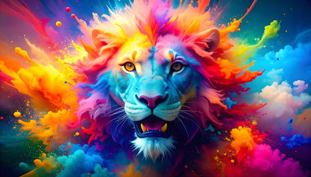 Lion portrait in flashy colorful ambiance. AI illustration with light effects and liquid splashesの素材
