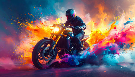 Ai generated image showing a driving motorcyclist on the road. AI illustration with light effects and colorful fiery liquid splashesの素材