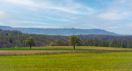 Rural panoramic scenery around Waldenburg in Hohenlohe, an area in southern Germany at spring timeの写真素材