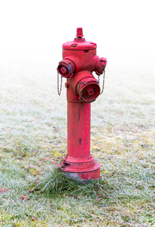 Red fire hydrant in icy grass ambiance at winter time, gradient isolated in white backの写真素材