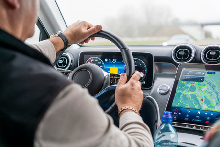 Driving scenery with driver inside a modern car