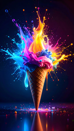 Vivid ice cream cone in flashy ambiance. AI illustration with light effects and liquid splashesの素材