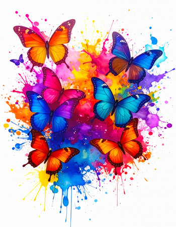 AI generated image showing lots of flying butterflies in colorful splashy ambianceの素材