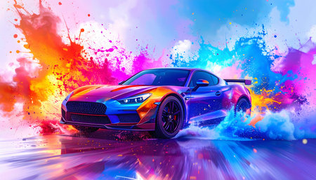 Flashy racing car in multicolored vibrant splashy ambiance. AI generated image with lots of splashes, splatters and spotsの素材