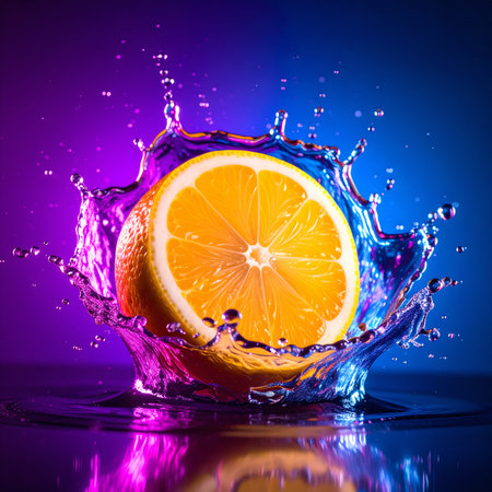 Orange fruit in flashy ambiance. AI illustration with light effects and liquid splashesの素材