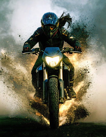 Ai generated image showing a driving motorcyclist surrounded by dirt and smokeの素材