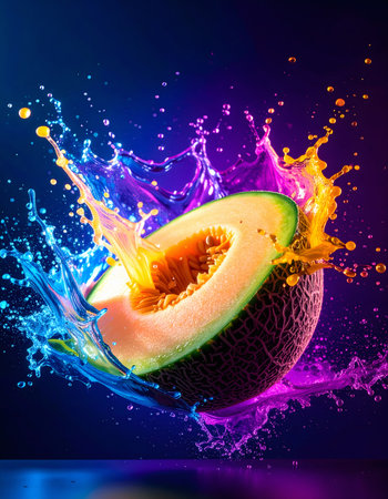 Halved honeydew melon in flashy ambiance. AI illustration with light effects and liquid splashesの素材
