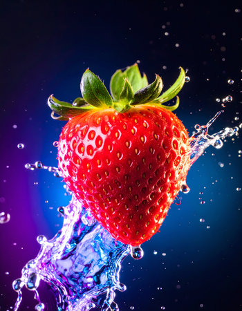 Strawberry fruit in wet ambiance. AI illustration with liquid splashes in dark blue backの素材