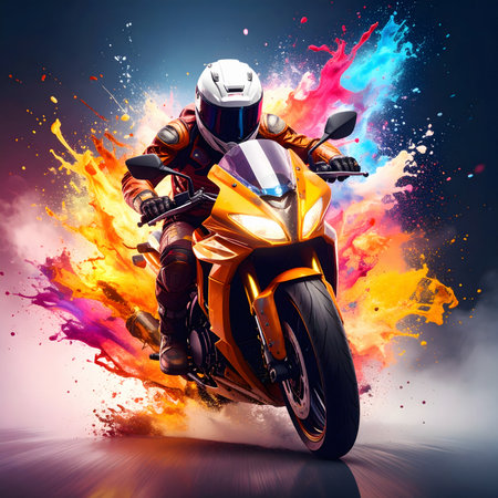 Ai generated image showing a driving motorcyclist on the road. AI illustration with light effects and colorful fiery liquid splashesの素材