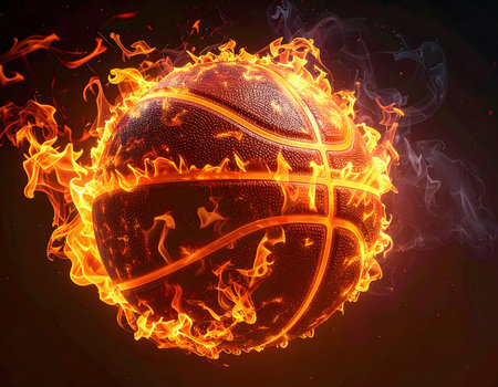 AI generated Image showing a fiery basketball in dark backの素材