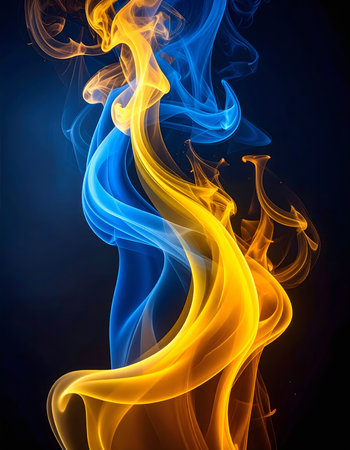 AI generated Image showing red and blue smoke like the Ukrainian flag in dark ambianceの素材