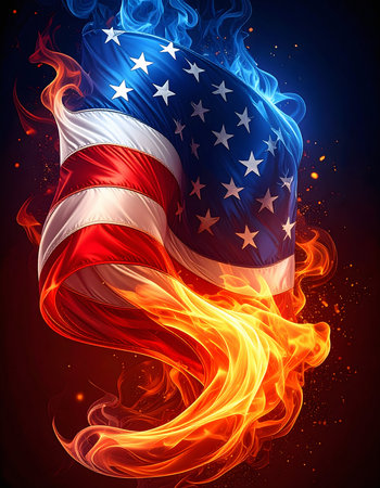 AI generated Image showing a flaming American flag in dark ambianceの素材