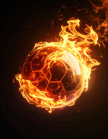 AI generated Image showing a fiery football in dark ambianceの素材