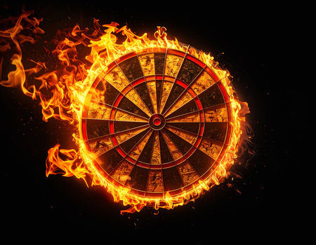 AI generated Image showing a fiery dartboard in dark ambianceの素材