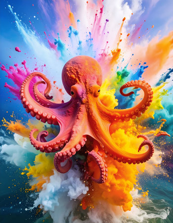 Animal and wildlife theme showing an octopus in multicolored vibrant splashy ambiance. AI generated image with lots of paint splashes, splatters and spotsの素材