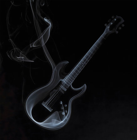 AI generated image showing a symbolic smoke-shaped guitar in dark ambianceの素材