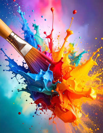 AI generated closeup image showing a flashy brush tip with lots of paint splashes, splatters and spotsの素材