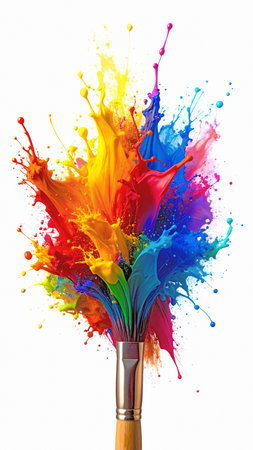 AI generated closeup image showing a flashy brush tip with lots of paint splashes, splatters and spotsの素材