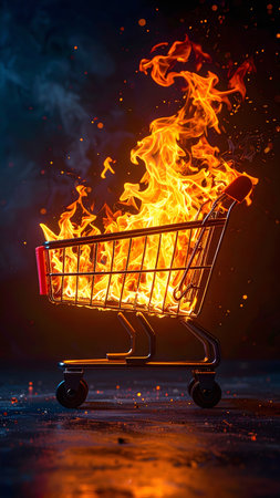 AI generated image showing a flaming shopping cart in dark ambianceの素材