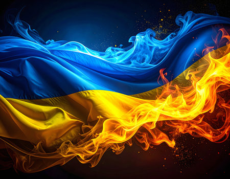 AI generated Image showing a flaming Ukrainian flag in dark ambianceの素材